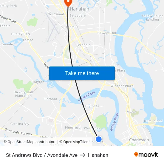 St Andrews Blvd / Avondale Ave to Hanahan map