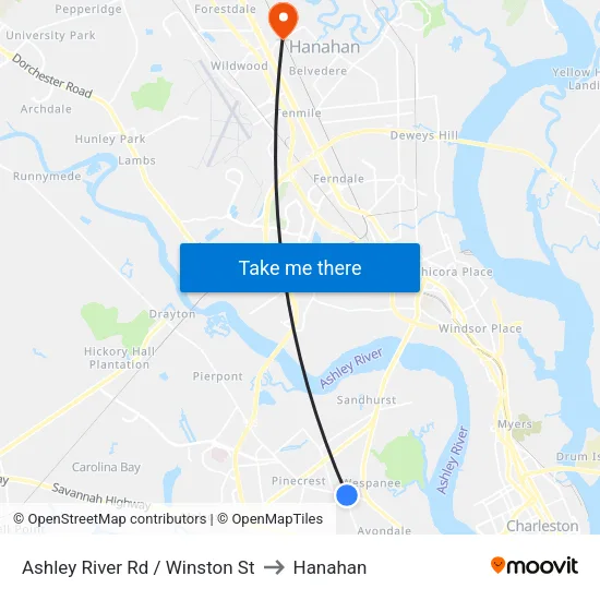 Ashley River Rd / Winston St to Hanahan map
