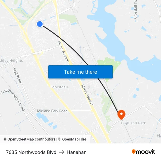 7685 Northwoods Blvd to Hanahan map