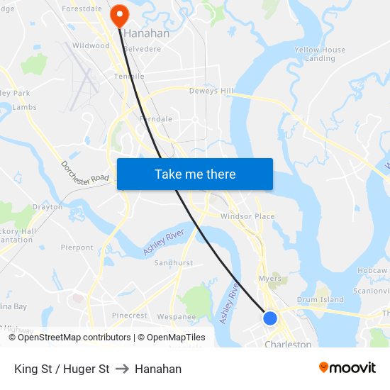 King St / Huger St to Hanahan map