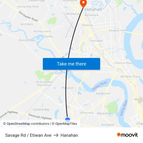 Savage Rd / Etiwan Ave to Hanahan map