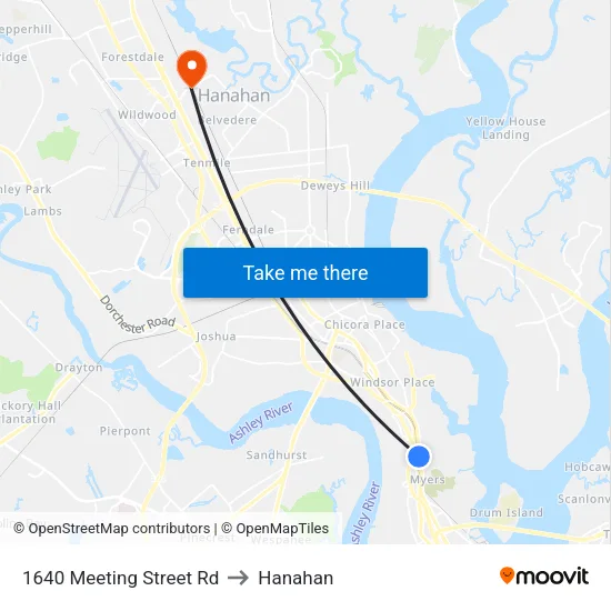 1640 Meeting Street Rd to Hanahan map