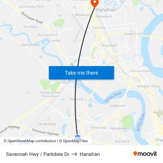 Savannah Hwy / Parkdale Dr to Hanahan map