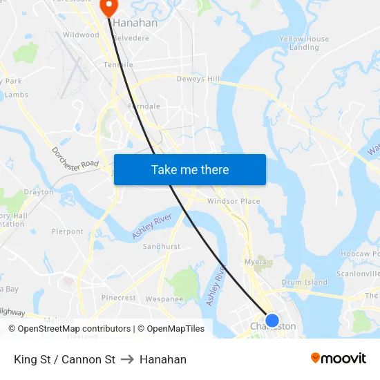 King St / Cannon St to Hanahan map