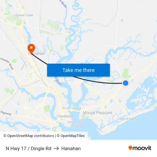 N Hwy 17 / Dingle Rd to Hanahan map