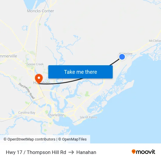 Hwy 17 / Thompson Hill Rd to Hanahan map