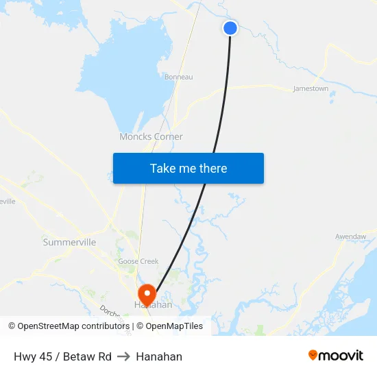 Hwy 45 / Betaw Rd to Hanahan map