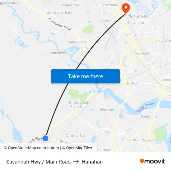 Savannah Hwy / Main Road to Hanahan map