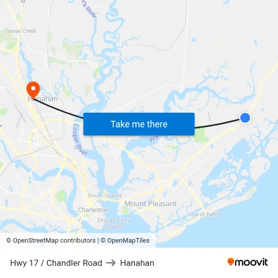 Hwy 17 / Chandler Road to Hanahan map