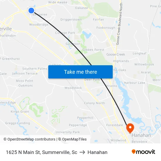 1625 N Main St, Summerville, Sc to Hanahan map
