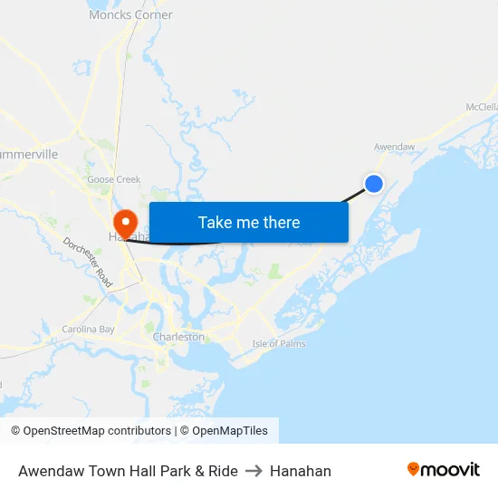 Awendaw Town Hall Park & Ride to Hanahan map
