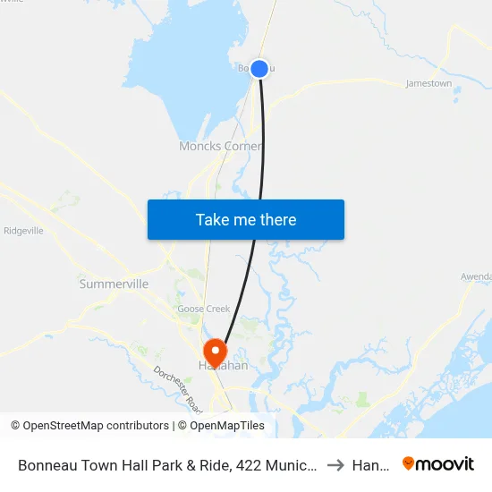 Bonneau Town Hall Park & Ride, 422 Municipal Ln, Bonneau, Sc to Hanahan map
