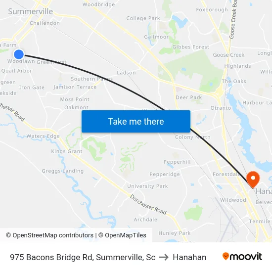 975 Bacons Bridge Rd, Summerville, Sc to Hanahan map