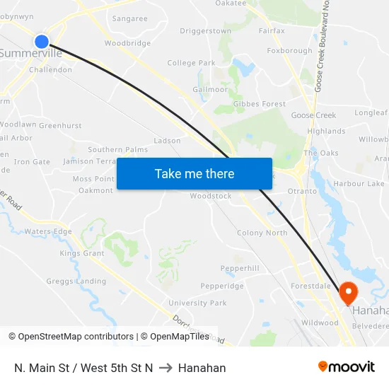 N. Main St / West 5th St N to Hanahan map