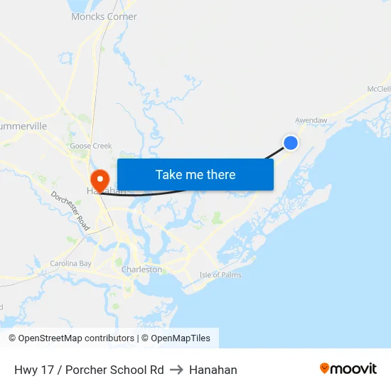 Hwy 17 / Porcher School Rd to Hanahan map