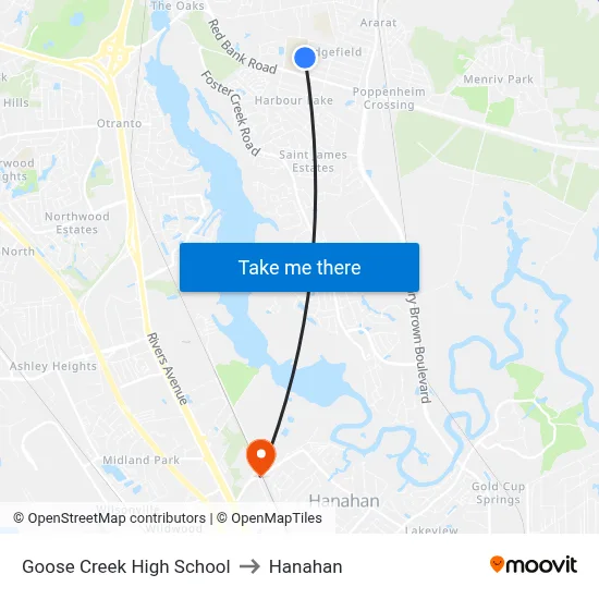 Goose Creek High School to Hanahan map