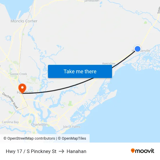 Hwy 17 / S Pinckney St to Hanahan map