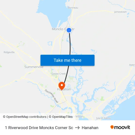 1 Riverwood Drive Moncks Corner Sc to Hanahan map