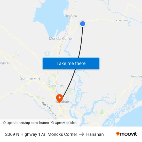 2069 N Highway 17a, Moncks Corner to Hanahan map
