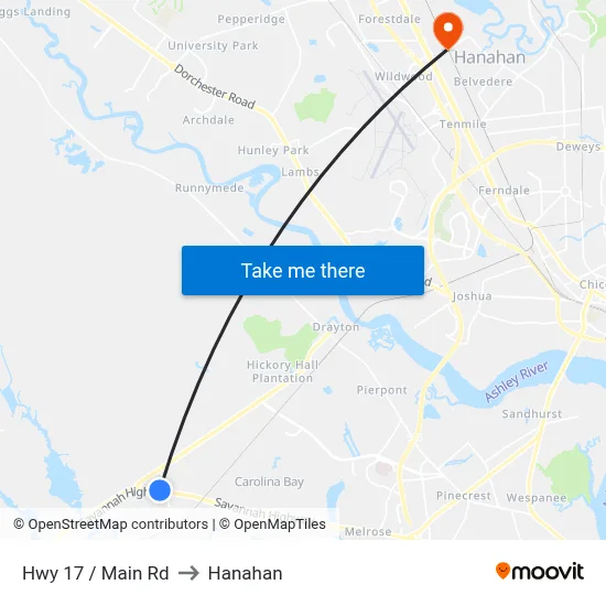 Hwy 17 / Main Rd to Hanahan map