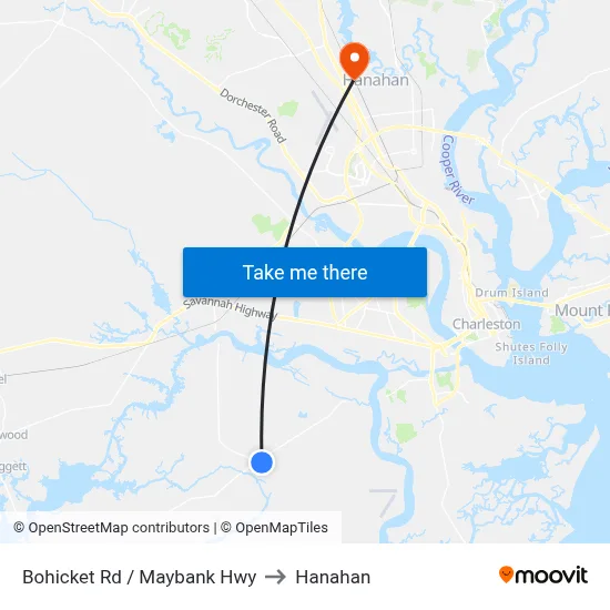 Bohicket Rd / Maybank Hwy to Hanahan map