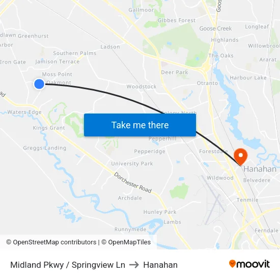 Midland Pkwy / Springview Ln to Hanahan map