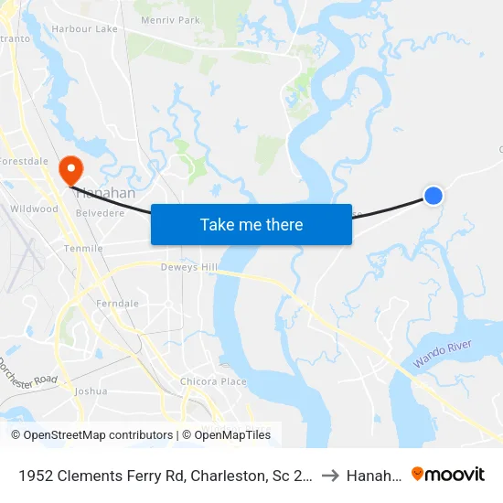 1952 Clements Ferry Rd, Charleston, Sc 29492 to Hanahan map