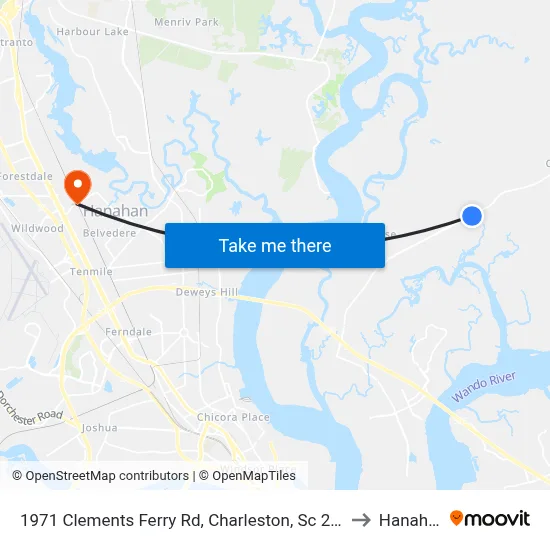 1971 Clements Ferry Rd, Charleston, Sc 29492 to Hanahan map
