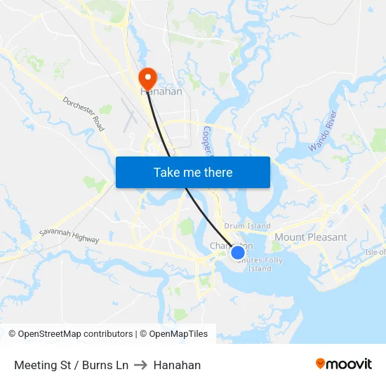 Meeting St / Burns Ln to Hanahan map