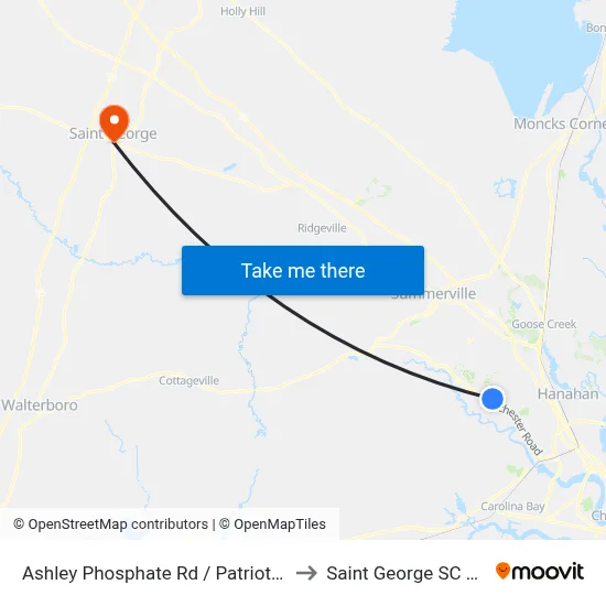 Ashley Phosphate Rd / Patriot Blvd to Saint George SC USA map
