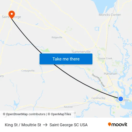 King St / Moultrie St to Saint George SC USA map