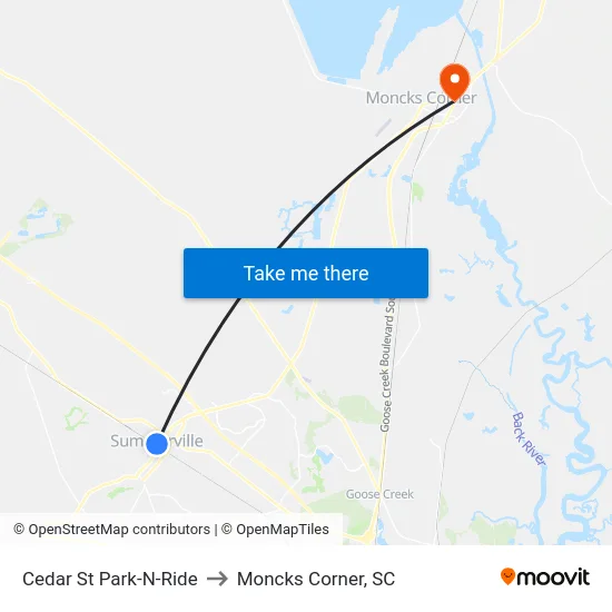 Cedar St Park-N-Ride to Moncks Corner, SC map
