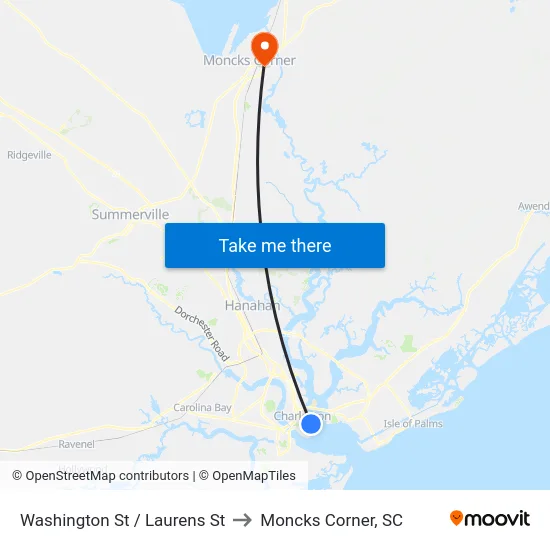 Washington St / Laurens St to Moncks Corner, SC map