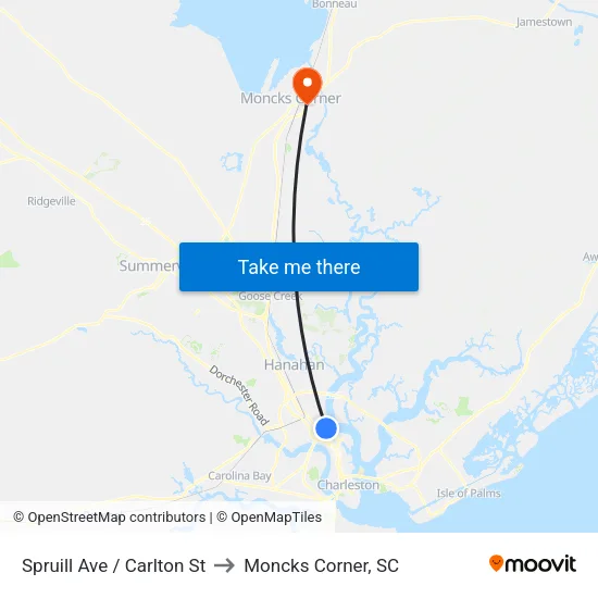 Spruill Ave / Carlton St to Moncks Corner, SC map