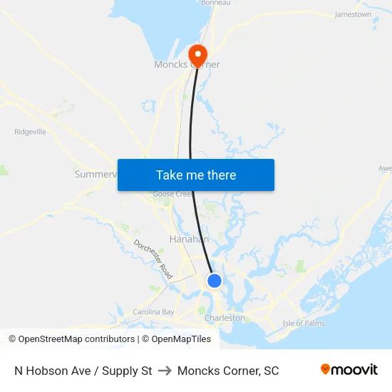 N Hobson Ave / Supply St to Moncks Corner, SC map