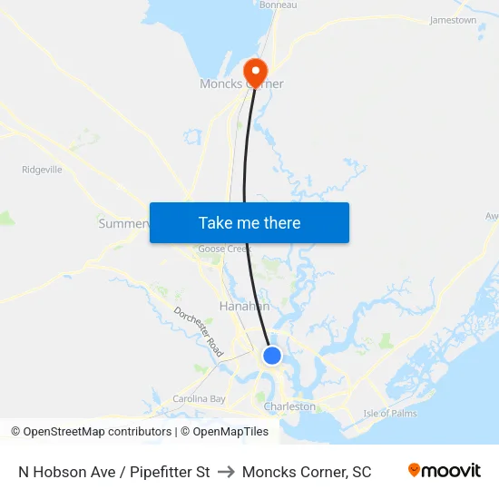 N Hobson Ave / Pipefitter St to Moncks Corner, SC map