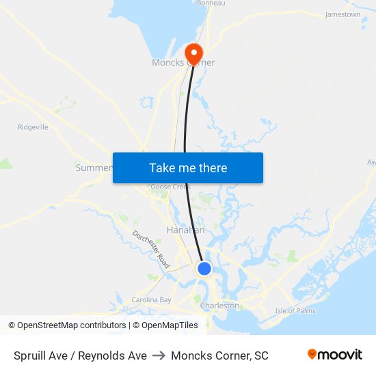 Spruill Ave / Reynolds Ave to Moncks Corner, SC map