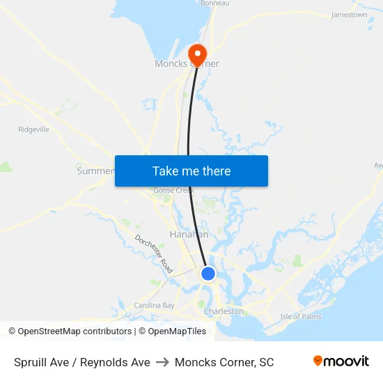 Spruill Ave / Reynolds Ave to Moncks Corner, SC map