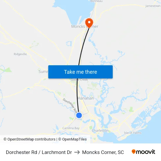 Dorchester Rd / Larchmont Dr to Moncks Corner, SC map