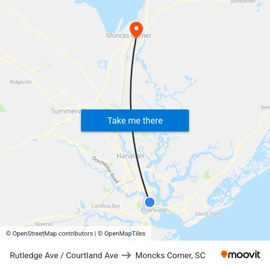 Rutledge Ave / Courtland Ave to Moncks Corner, SC map