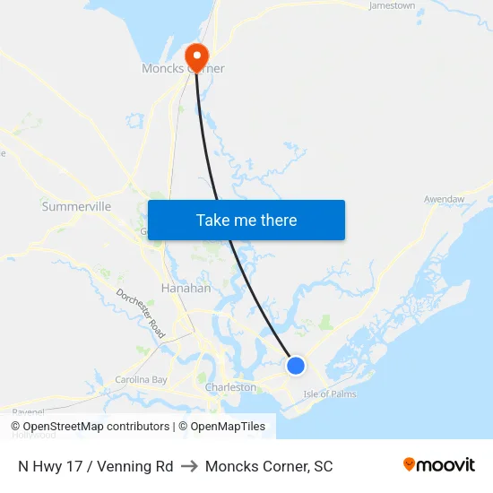 N Hwy 17 / Venning Rd to Moncks Corner, SC map