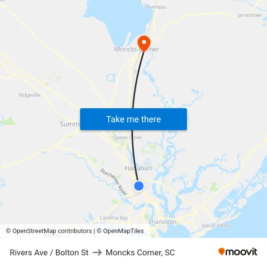 Rivers Ave / Bolton St to Moncks Corner, SC map