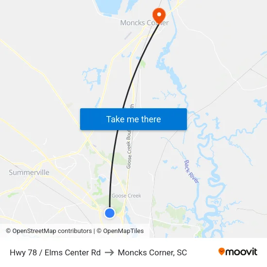 Hwy 78 / Elms Center Rd to Moncks Corner, SC map
