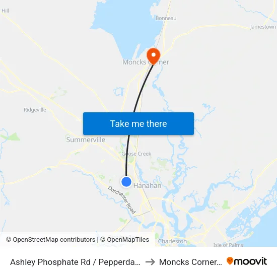 Ashley Phosphate Rd / Pepperdam Ave to Moncks Corner, SC map