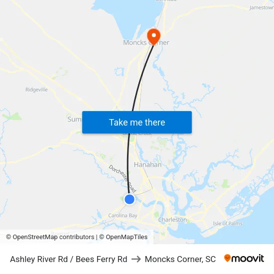 Ashley River Rd / Bees Ferry Rd to Moncks Corner, SC map