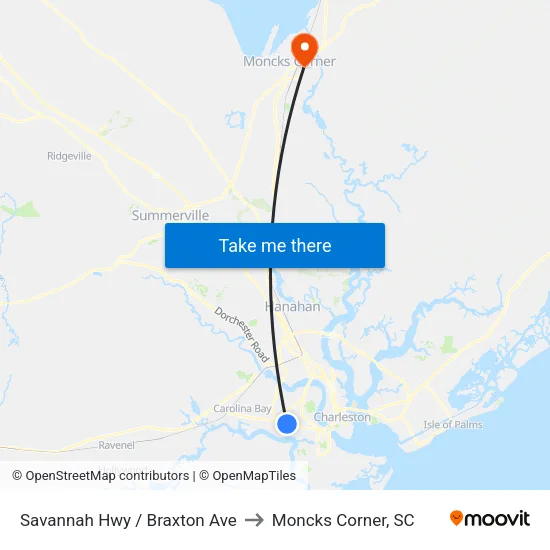 Savannah Hwy / Braxton Ave to Moncks Corner, SC map
