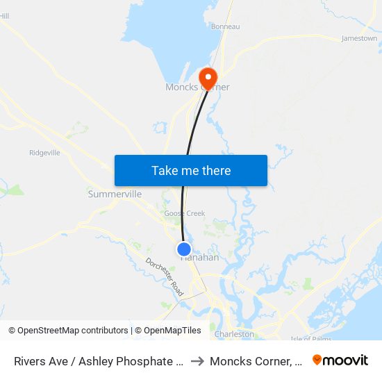 Rivers Ave / Ashley Phosphate Rd to Moncks Corner, SC map