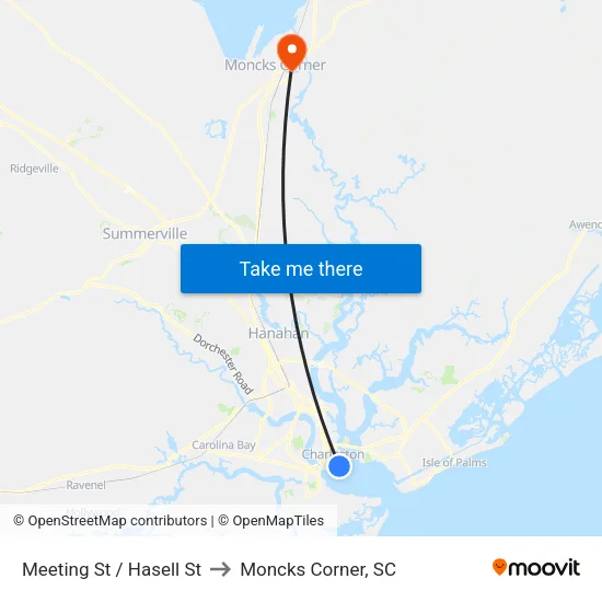 Meeting St / Hasell St to Moncks Corner, SC map