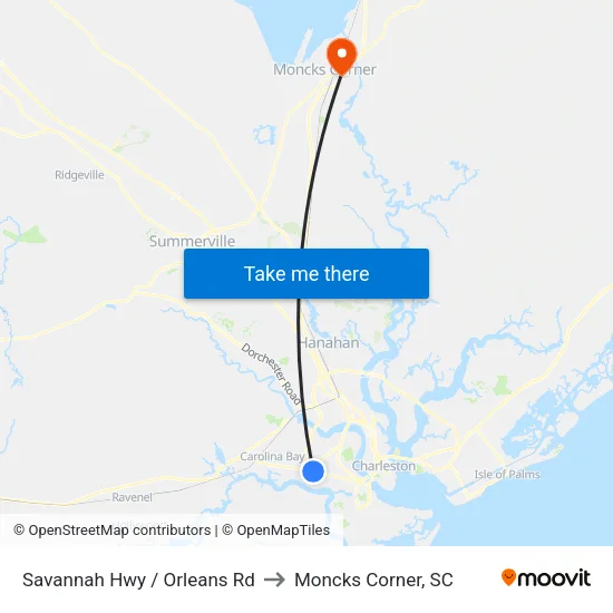 Savannah Hwy / Orleans Rd to Moncks Corner, SC map