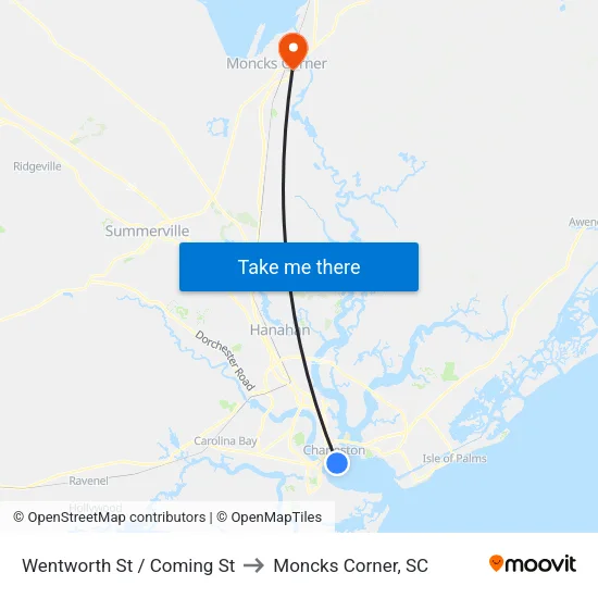 Wentworth St / Coming St to Moncks Corner, SC map